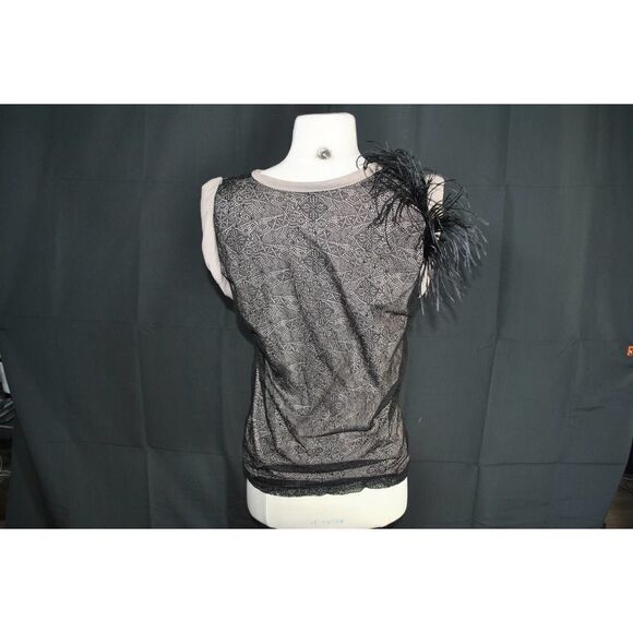 Robert Rodriguez Ostrich Feather Cuffed Lace Overlay Tank Top- M - Picture 3 of 4